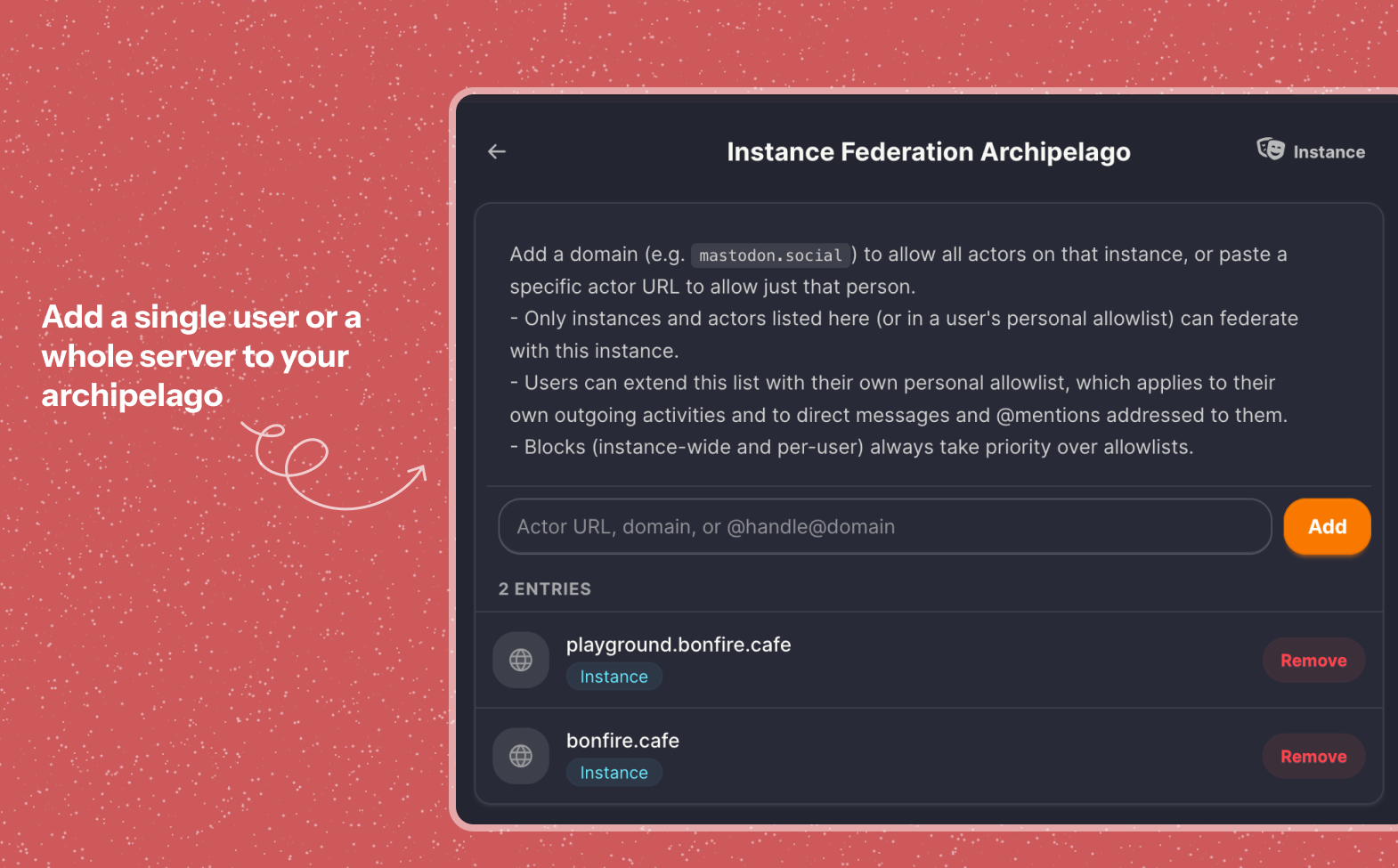 Screenshot of Bonfire's Archipelago federation settings, where an instance allowlists the servers and people it federates with