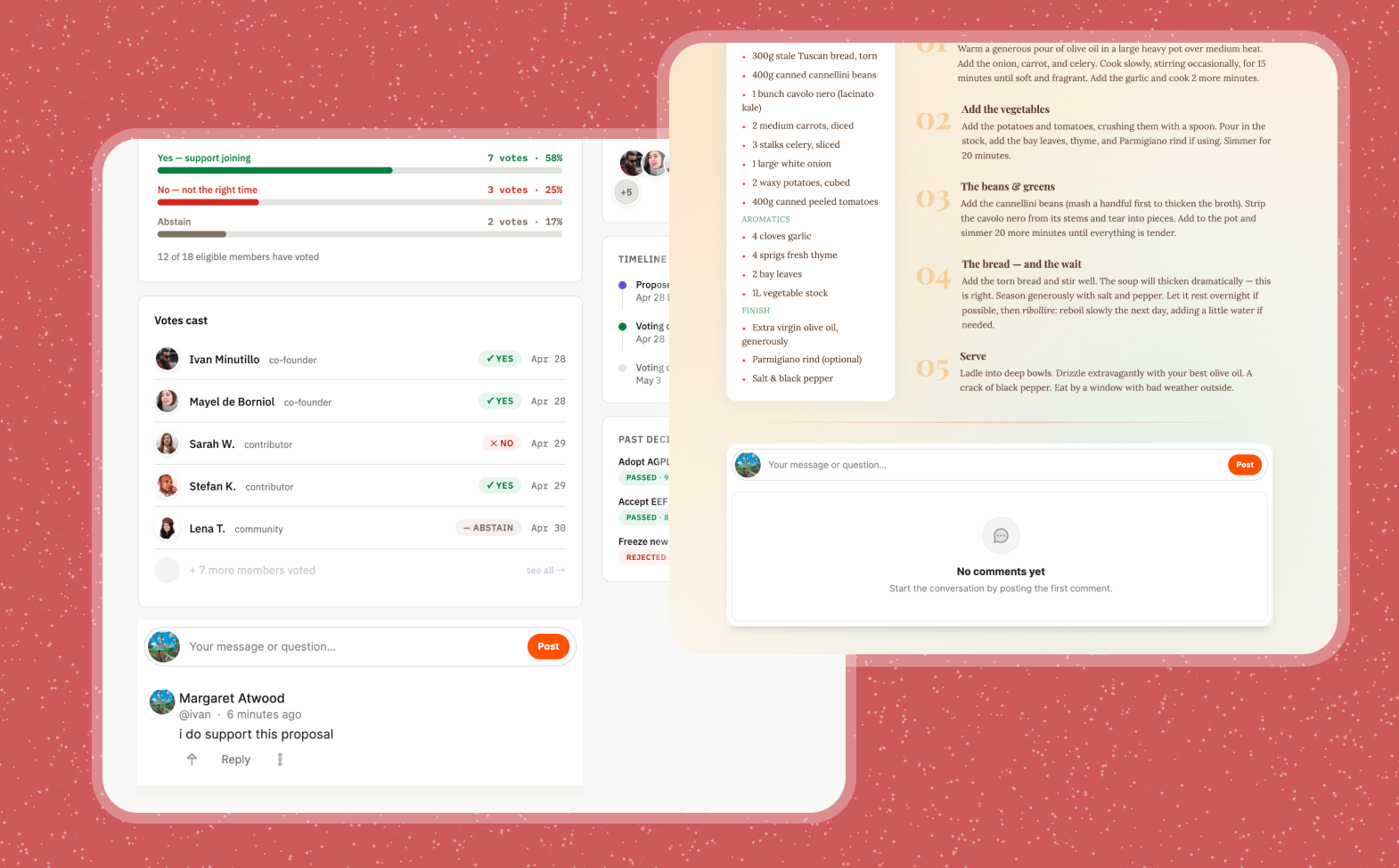 Screenshots of Bonfire's embeddable comments widget shown under a recipe and a governance proposal
