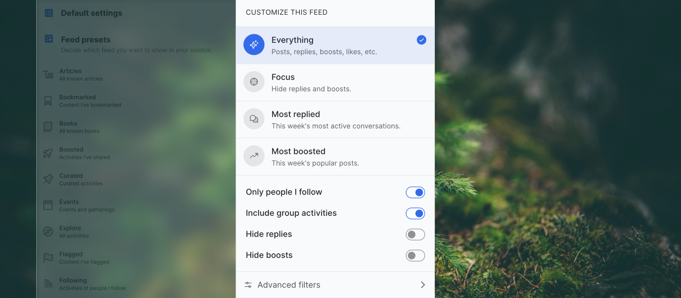 The custom feed builder: filtering by content type, circle and source instance