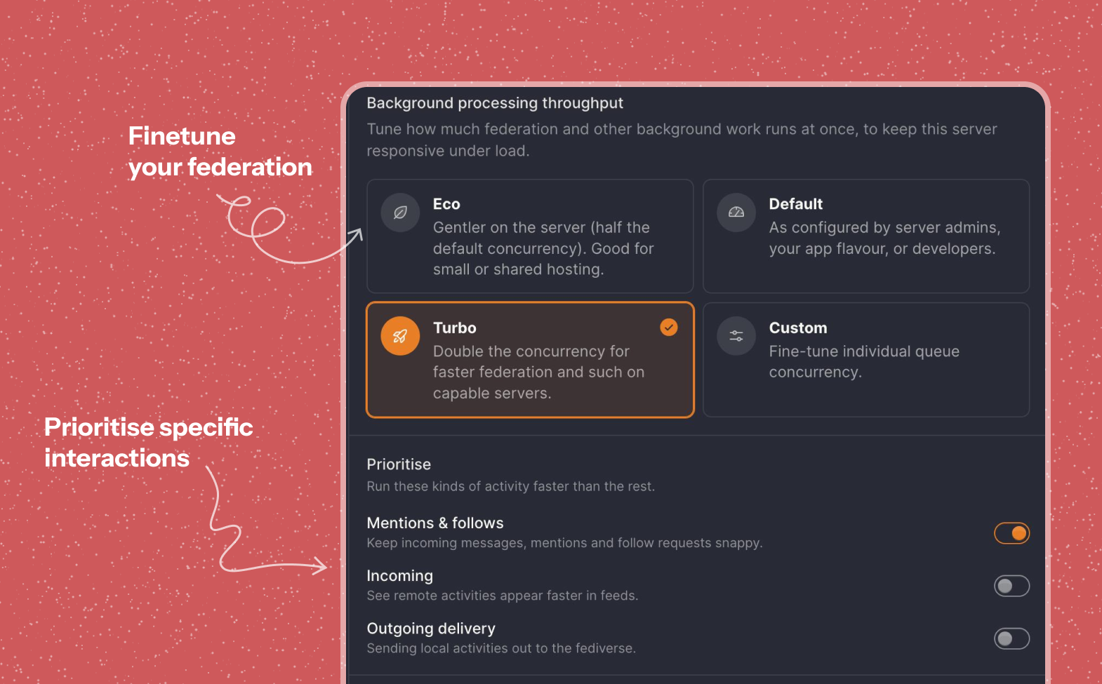 Screenshot of Bonfire's background task throughput settings, showing preset, prioritise, and advanced layers