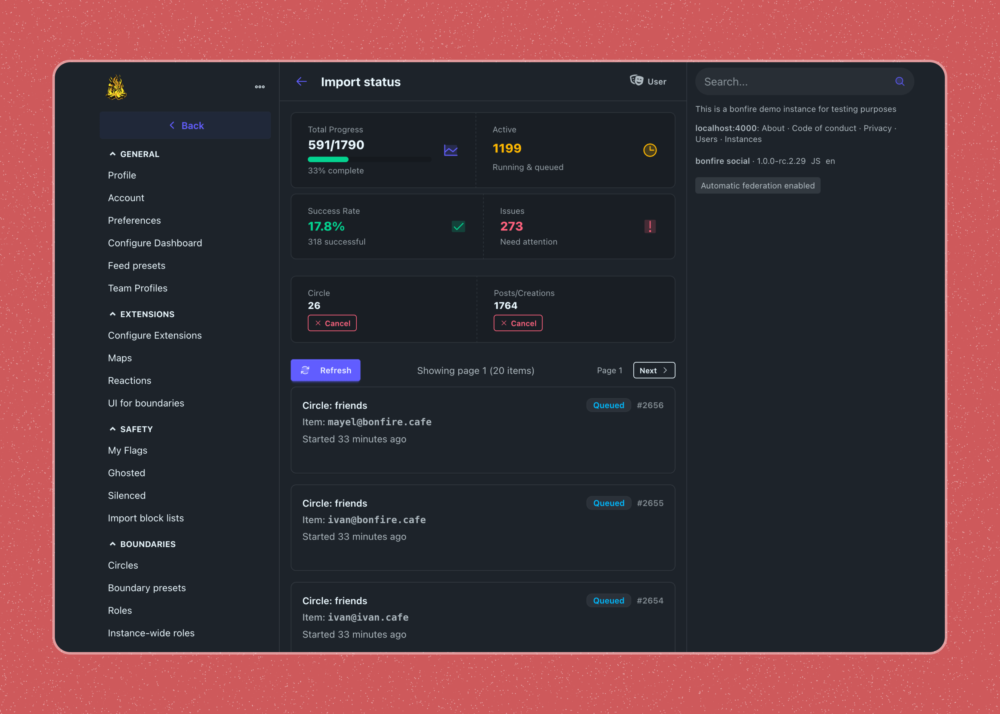 The import dashboard: circles, follows and posts arriving from another instance