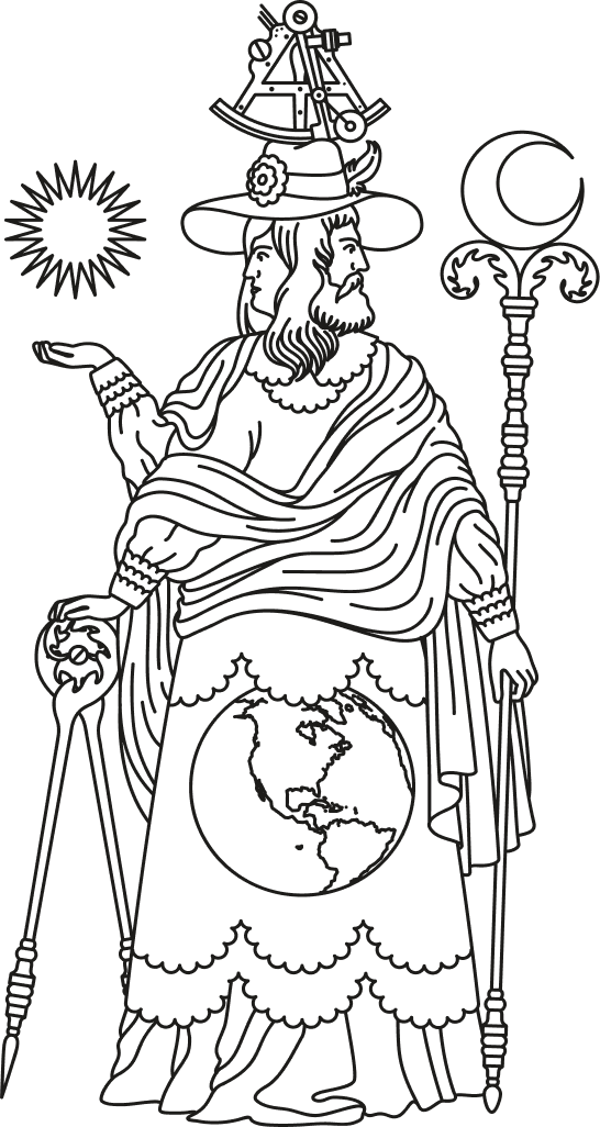 Line-art figure in a plumed hat holding the world, sun in hand
