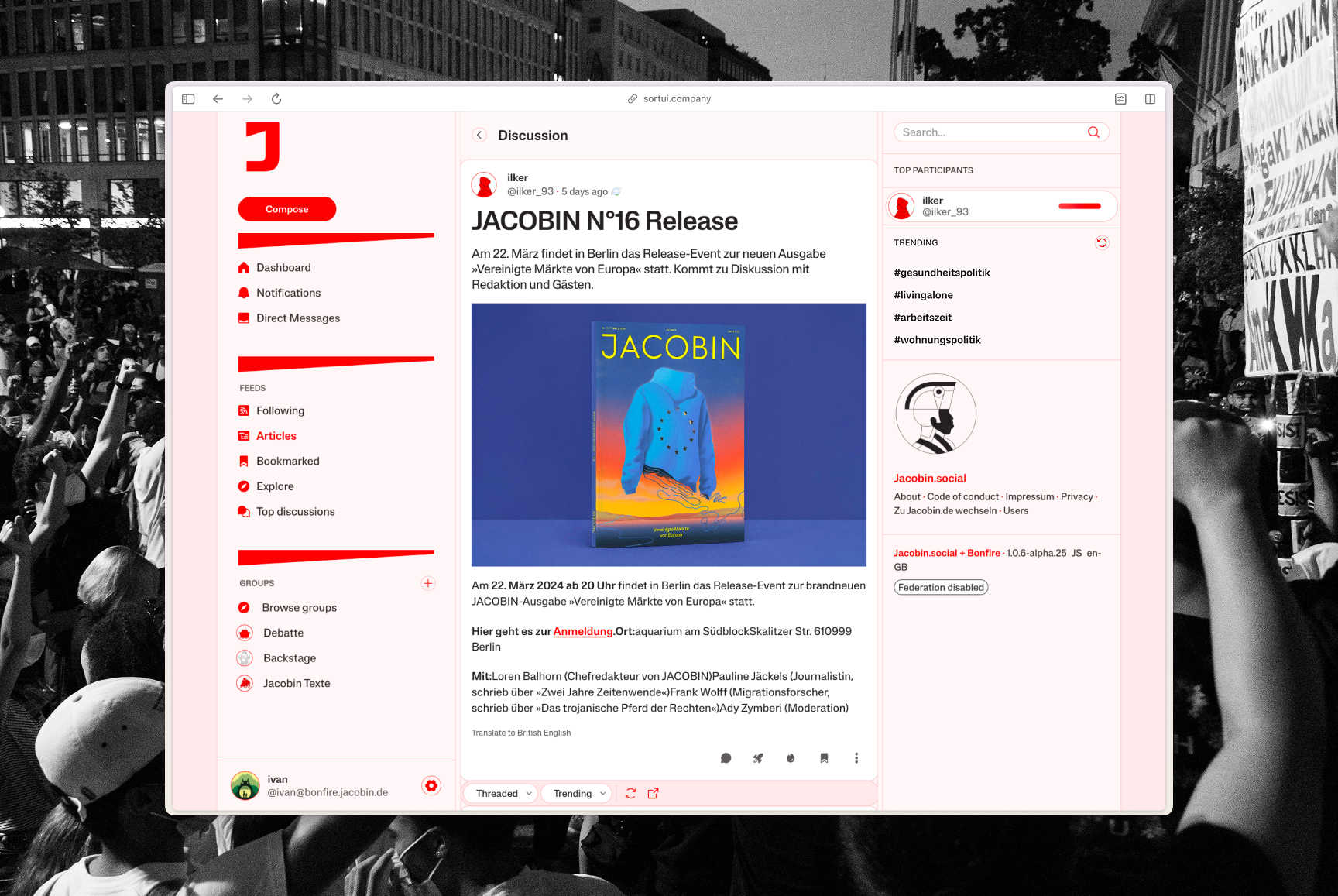 An article in Jacobin's Bonfire community, with discussion controls and community navigation