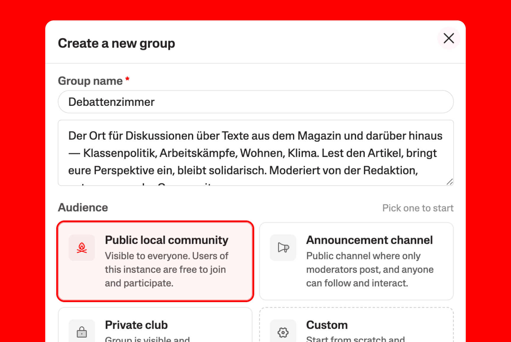 Group boundary presets — public, announcement-only, private, circle-restricted