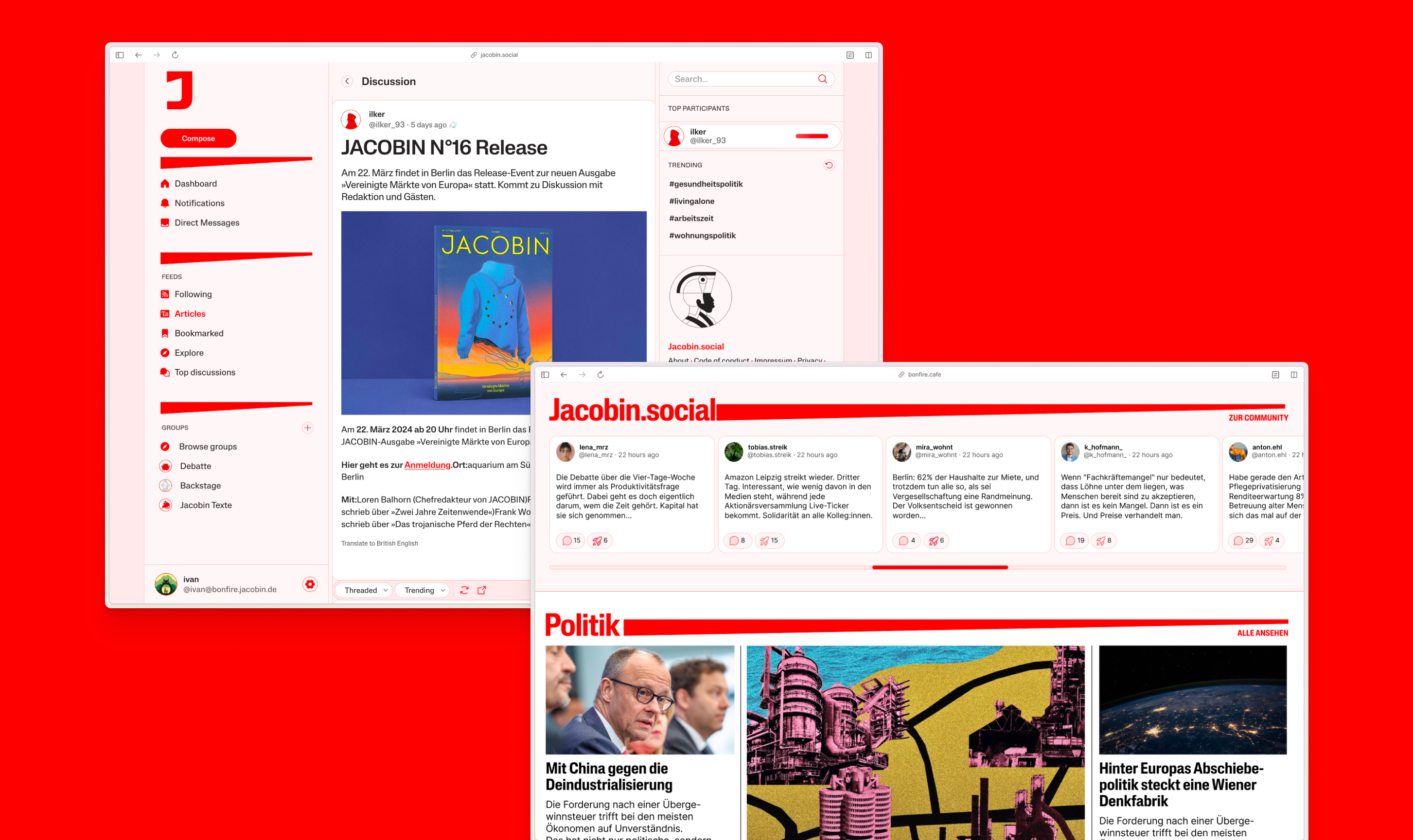 A Jacobin article shown on the publication and in its Bonfire community