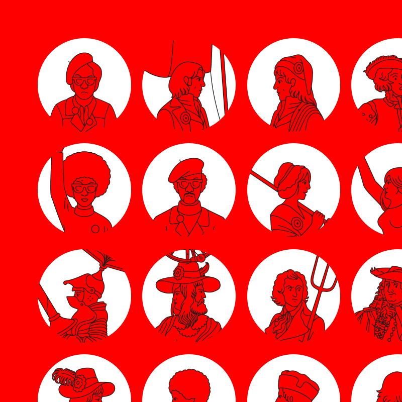 Jacobin-branded avatar set — illustrated portraits in the red identity