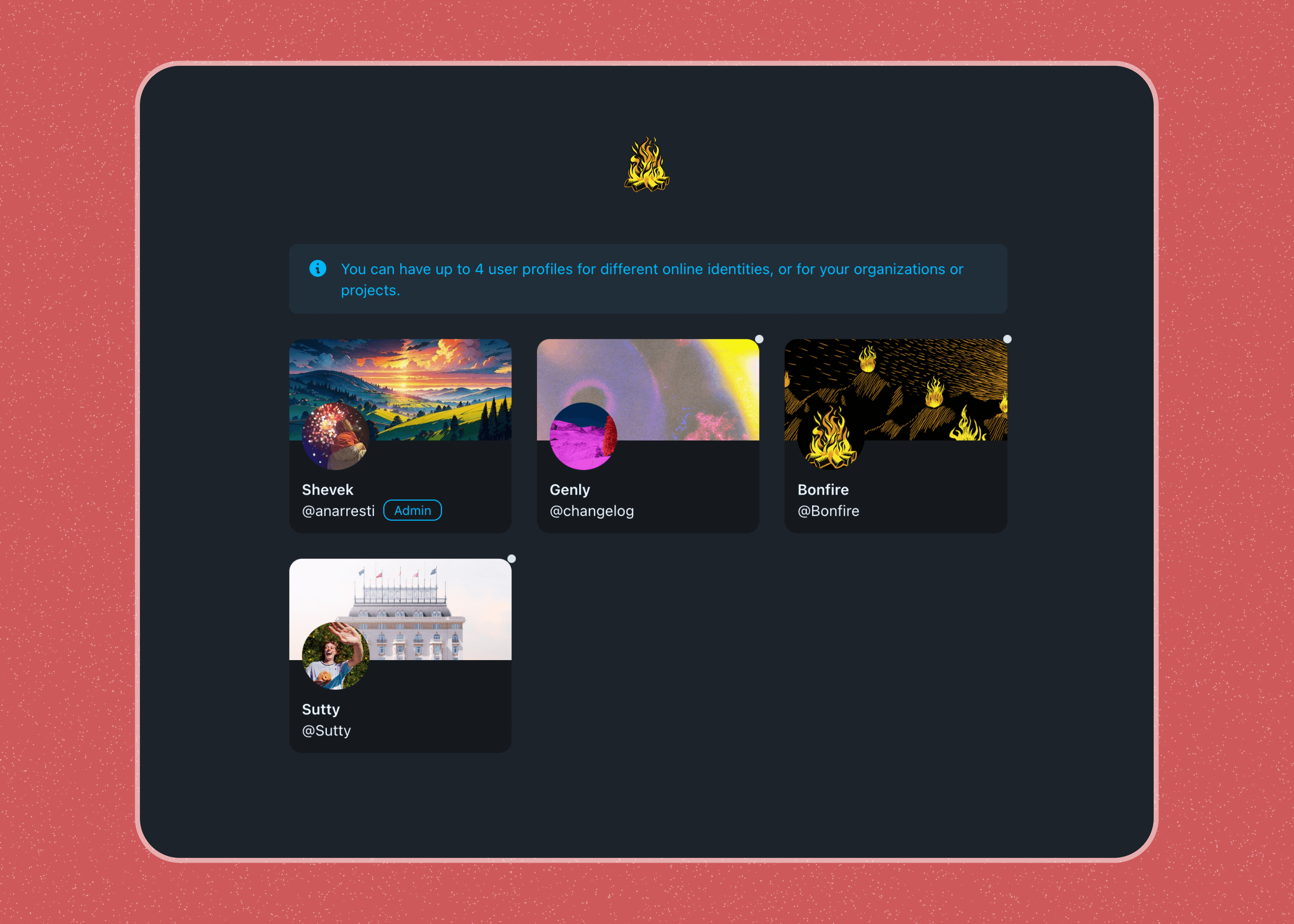 Screenshot of Bonfire's profile switcher, showing several profiles on one account, including shared organisation profiles