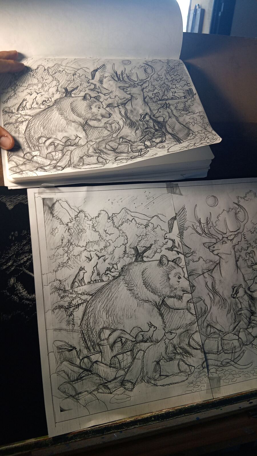 Pages of Rocco Lombardi's early pencil studies for the Bonfire screen print