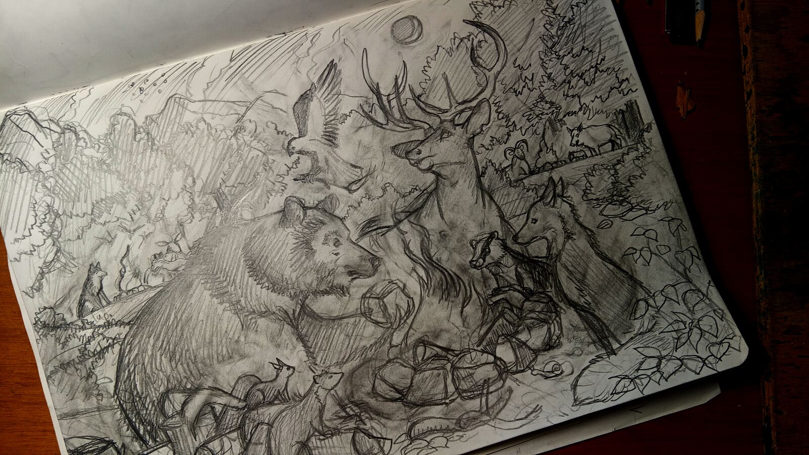 The complete pencil composition, with forest animals gathered around several fires