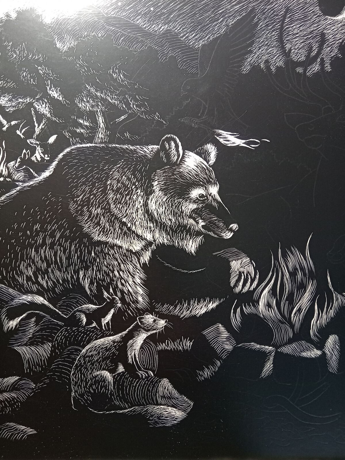 The bear and smaller animals emerging in white linework while the rest of the artwork remains outlined