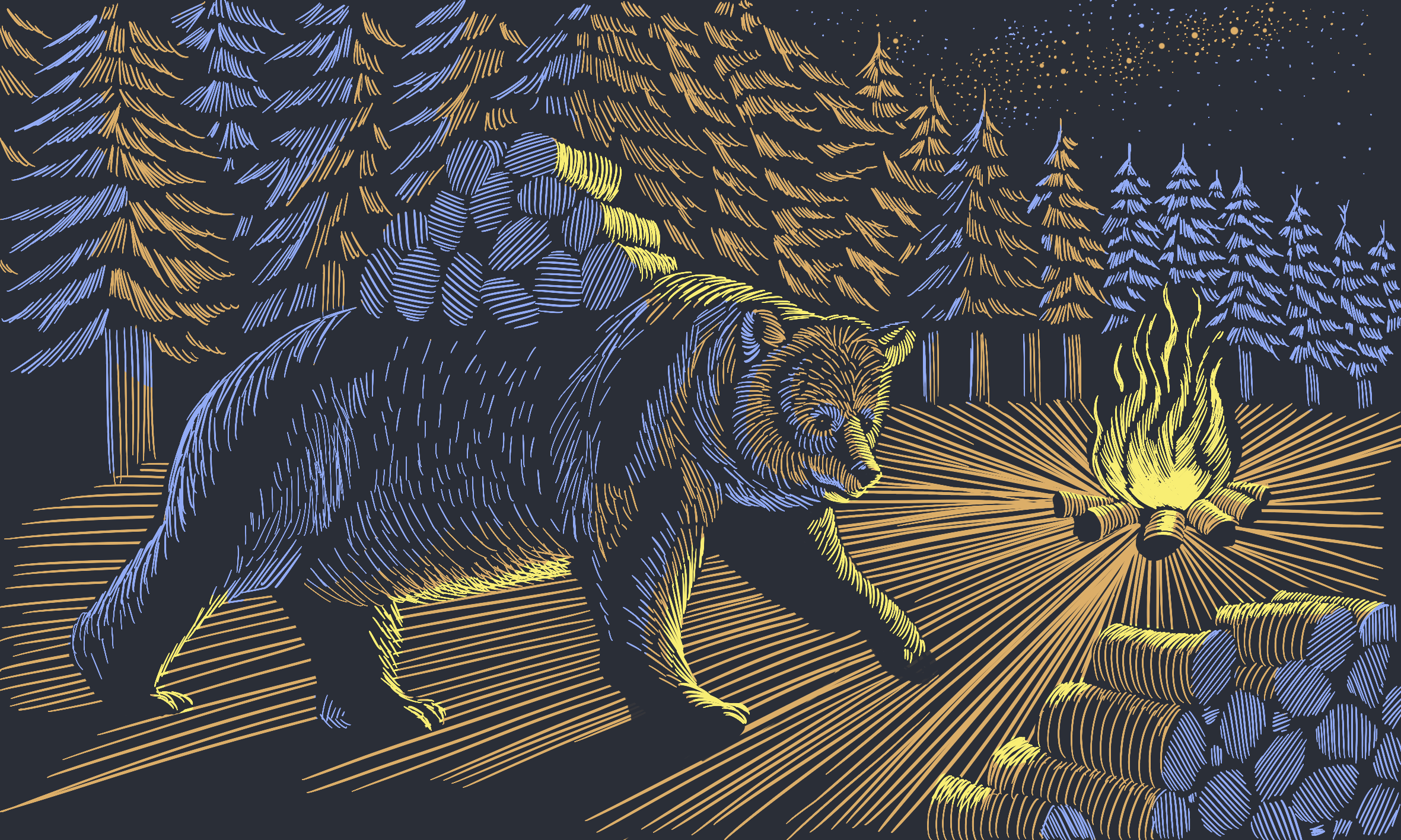 Woodcut illustration: a bear walking through a night forest toward a campfire