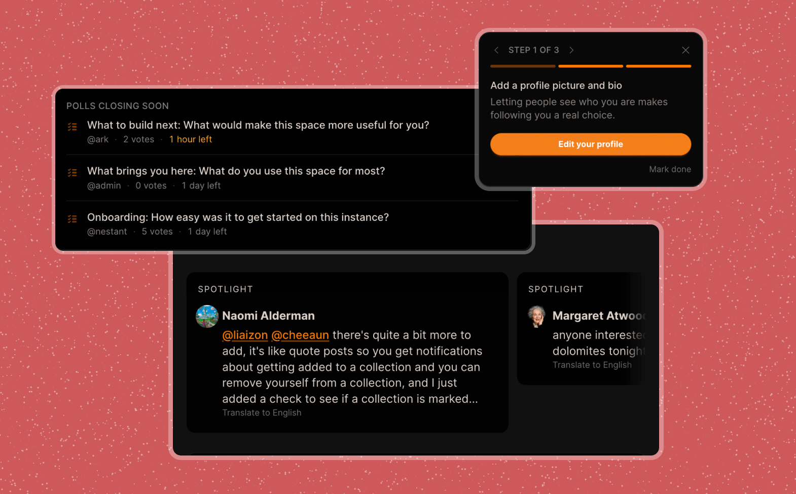 Screenshot of Bonfire's configurable dashboard showing new community widgets
